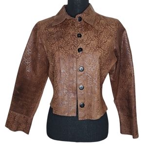 RARE 100% Leather Floral Embossed Cropped Jacket - Brown Size Small